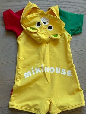 Mikihouse Yellow Kids' One-Piece Swim Suit with Character Hood